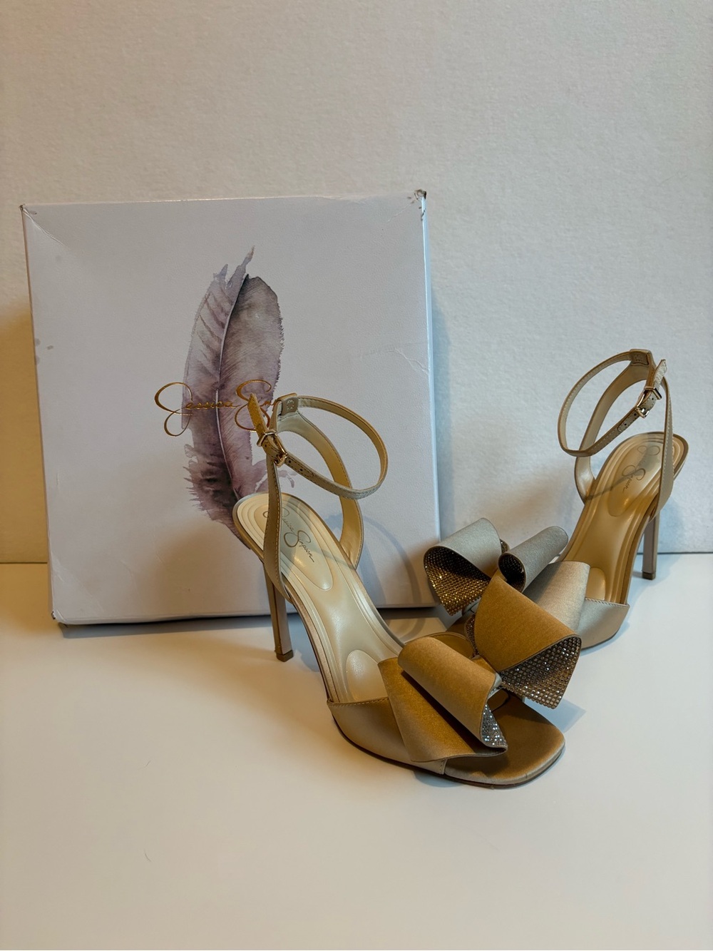Jessica Simpson Metallic Gold Bow Ankle-Strap Stilettos